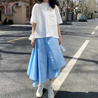 Saias mulheres primavera verão irregular plissado longo para t-shirt branco tops azul midi roupas conjuntos 2022