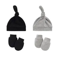 2PCS/セット新生児の帽子の手袋冬の結び目ソフトコットンキャップビーニーボーイズガールズソリッドカラー幼児ミトン