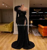 2022 Chic Evening Dresses Glitter Sequins Feather Beads Ruffles Luxury Formal Prom Dress Custom Made Sweep Train Long Party Gown CC