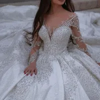 Luksusowy arabski Księżniczka Suknie ślubne 2022 Illusion Długi rękaw Puffy Spódnica Crystal Zroszony Aplikacja Sukienka Bridal Rates de Mariée