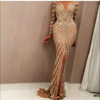 Yousef Aljasmi 2021 Mermaid Evening Dresses Luxury Long Sleeve Champagne Sequined Sexy Sheer Jewel Neck Front Split Prom Gowns Cus275P