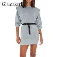グラマーメーカーカジュアルスリムボディコンロングスウェットシャツスポーツウェアファッションベルトとショルダーパッドエレガントな女性ドレス220602