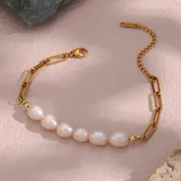 Beaded Strands Natural Freshwater Pearl Bracelets Female Jewelry 18K Gold Plated Waterproof Paper Clip Chain Bracelet For Women GiftBeaded