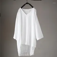 Blusas das mulheres Camiseta Nefeilike Plus Size Verão Mulheres Camisa Branca Blusa Irregular Blusa V Neck Manga Curta Algodão Breves Tops