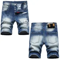 Męskie dżinsy kolan krótkie dżinsy proste dziury ciasne dżinsowe klub niebieski bawełniany lato mężczyźni codziennie swobodny podarty spodni