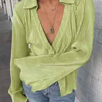 Bclout Green Flare Sleeve Blouses Summer Casual Single Breasted Shirts Fashion Woman Autumn Pants Sets 2 Piece Outfit Women 220718