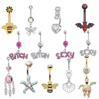 Silver/Pink Sexy Crystal Body Navel Piercing Surgical Button letter Belly Ring Jewelry Bar 13 styles