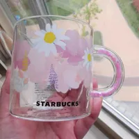 2021 Starbucks Sakura Season Daisy Dozzling Pink Hearged Handled Heat-Mug مقاومة للحرارة 355 مل Glass297C