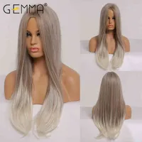 Gemma lange rechte ombre bruine grijze as blonde synthetische haarpruiken natuurlijke middelste hittebestendige cosplay voor vrouwen220511