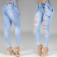 Frauen Jeans hohe taillierte gerade dünne dehnbare Streetwear Ladies Loch Wäsche Verband Denim Bleistifthosen Hosen 220704