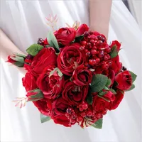 Flores de casamento Crystal Bridal Bouquet Vintage Artificial Silk Red Roses Bouquets para Brides Fausse Fleur Acessórios