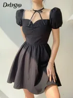 Korean Elegant Puff Sleeve Summer Black Dress Women Bow Mesh Patchwork Fashion Pleated Mini Dresses Ruched Sundress
