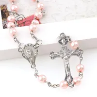 Hänge halsband rosa 6 mm långt glas imitation pärla radband halsband silver korsa jungfru mary center jesus religiös