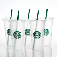 Starbucks 24oz/710 ml plastmuggar tumbler sjöjungfru gudinna återanvändbar klar dricka platt botten pelare form lock halskoppar mugg gratis