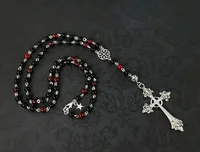Chains Red & Black Gothic Rosary Necklace Long Cross Beaded Romantic Goth NecklaceChains