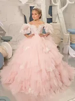 Blush Pink Flower Girl -jurk voor bruiloften gelaagde ruches Lace Appliqued Communion Party Wear Tule Princess Bridal Ghowns 0621