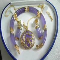Purple Jade Gold Plated Fortune Dragon Phenix Bracelet Pendant Necklace Earrings262F