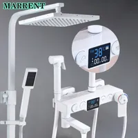 Smart Thermostatic Bathroom Shower System White Rainfall Shower Faucets Hot Cold Water Tap Luxury LED Digital Bath Shower Set