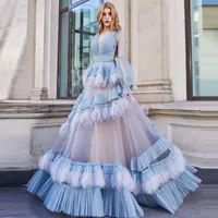 Party Dresses See Through V-neck Prom Dress Light Blue Long Sleeve Tulle Ball Gown Evening With Feather Ruffles Elegant DressParty