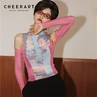CHEERART Mesh Top Long Sleeve Tshirt Turtleneck T Shirt Women See Through Top Tee Shirt Femme Summer Fashion 220527