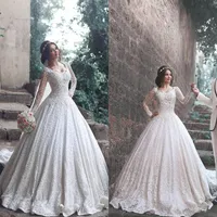 2019 Ball Gowns Arabic Wedding Dresses Applique Beaded Lace Long Sleeves Wedding Gowns Arabic Bridal Gowns White Wedding Dresses280P