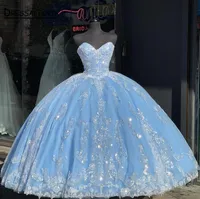 2022 bling paljetter applikation prom quinceanera klänningar ljus himmel blå stropplös korsett backless prinsessform formell klänning kväll söt 15 16 flickor b0804g01