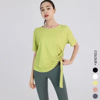 New lu ladies yoga clothes T-shirt fitness sports breathable split quick-drying summer hollow burnt-out short-sleeved top