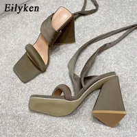 Eilyken Summer Black Cozy Silk Lace-up Sandals Women Fashion Ankle Strap Chunky High Heels Square Toe Female Party Shoes 220506