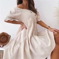 Summer Women Slash Neck Pleated Short Sleeve Solid Loose Mini Dress Casual Party Backless Dresses WDC7991 220613
