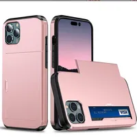 Slayt Cüzdan Kredi Kartı Yuvası İPhone 13 için Telefon Kılıfları 13 12 11 PRO XS MAX x XR Case Armor Tutucu PC Kapağı Fit iPhone 6 6s 7 8 Artı 8 Renk Arka Kapaklar