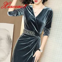 Casual Dresses Spring Autumn Sexy Elegant V-Neck Solid Woman Dress With Pearl Belt Party Long Sleeve Sheath Oversize Clothing
