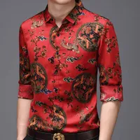 남성 캐주얼 셔츠 클래식 중국 의류 맨 년 년 블라우스 빨간색 옷을 입고 복고풍 드레스 망 새틴 버튼 위로 탑스 의상 중국