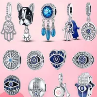 Lucky Charm 925 Sterling Silver Protective Hamsa Hand Dangle Charm Beads fit Pandora Bracelet 925 Silver jewelry298W
