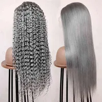 Virgin brazilian colored wigs transparent hd lace front grey wigs deep wave gray human hair frontal lace wigs for black women195l