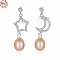 Stud Sun and Moon Natural Freshwater Pearl Long Earrings Real 925 Sterling Silver JE