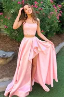 A-line Two Pieces Pink Lace Satin Hi-Lo Prom Dresses Spaghetti Strapless Sweep Train Party Gowns