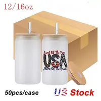 US Stock 12oz 16oz Diy Blank Sublimation Beer Can Glass Cup Frosted Clear Rechte Wine Tumbler Heat Transfer koffiemokken met bamboe deksel C0718