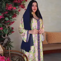 Casual Sukienki Etniczne Kwiatowe Maxi Sukienka Dla Kobiet Ribbon V Neck Z Długim Rękawem Jalbiya Dubaj Muzułmański Maroko Arabski Ramadan Eid Ubrania