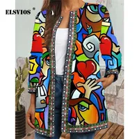 ELSVIOS Autumn Winter Fashion Loose Women Folkcustom Print Jacket Coats Casual Retro Long Sleeves Coats Elegant Cardigan Coats 220725