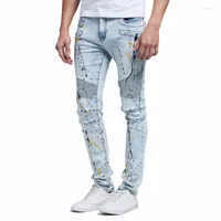 Jeans masculinos Hip-Hop Men Skinny Men Pleated Zipper Spliced ​​Painted Splash-tinc Jenim Casual Penicl Pants Tide Naom22