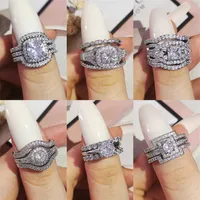 2021 New Design Luxury 3 PCS 3 in 1 925 Sterling Silver Ring Cushion Engagement Wedding Ringセット女性用ブライダルジュエリーR4308 P0202W