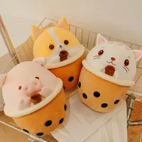 30cm Kawaii Bubble Tea Pig Plush Toy Stuffed Animal Cat Dog Pillow Cup Milk Tea Boba Plushie Doll Birthday Gifts