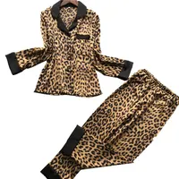 2020 Silk Pajamas For Women Summer Pyjamas Sets Long Sleeve Coat Pants 2 Pieces Pijamas Leopard Homewear Sets Plus Size290J