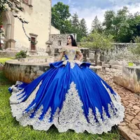 Abiti da ballo blu royal mexi abiti quinceanera 2023 Appliques dorate di lusso spalla dolce 16 vestito lace-up vestidos de 15 anos