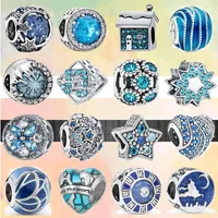 925 Silver Fit Pandora Charm 925 Bracelet Sky Blue Zircon Notes Circle Heart Sparkling charms set Pendant DIY Fine Beads Jewelry
