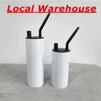 Local Warehouse Sublimation Straight Smoking Tumbler 15oz 20oz White Blank Hookah Tumblers With Glass Lid Stainless Steel Water Bottles DIY Heat Transfer Smoke Cup