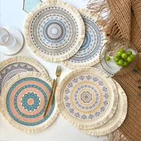 Round Placemats textile boho Tassels Table Mats 13 Inch Black and Cream Cotton Woven Heat Proof Washable Circle Kitchen Placemat for Table Dinner