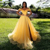 Charming V-Neck Prom Dresses 2022 Sexy Off the Shoulder Hight Split Evening Party Gowns A-line Tulle Vestidos De Fiesta