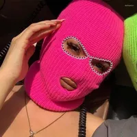 Beanie/Skull Caps Shining Diamond Balaclava Face Mask Women Pink Sport Knitted Fleece Ski For Three Hole Hat Shiny Rhinestone Delm22