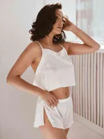 Hiloc White Lingerie Satin Women Sexy Pajamas Spaghetti Crop Tops Slit Shorts Sets Baless Set Woman 2 Piece Nightwear J220730